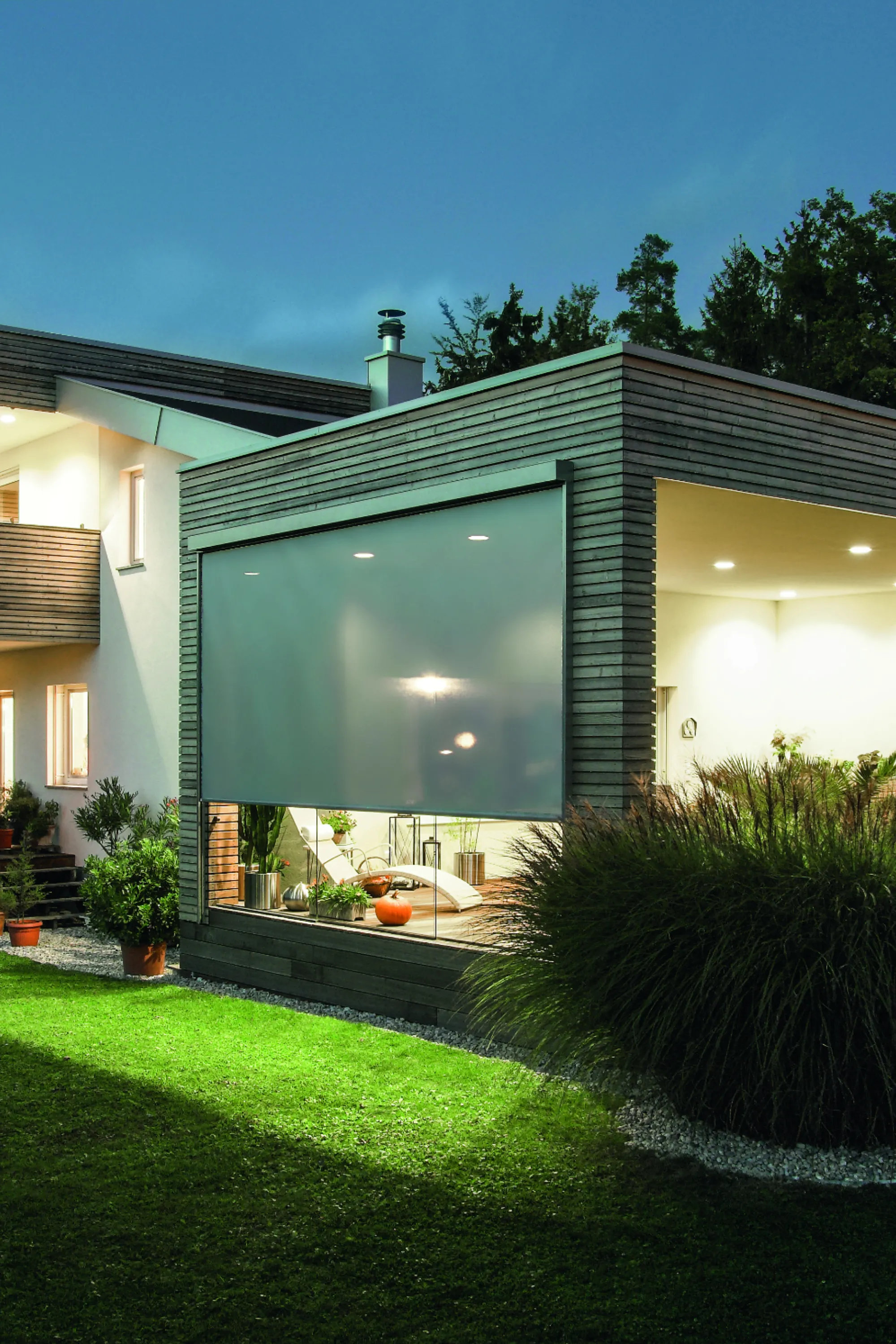<think> Got it, let's create the alt text. First, look at what's visible. The image shows a modern house with wooden and whi…