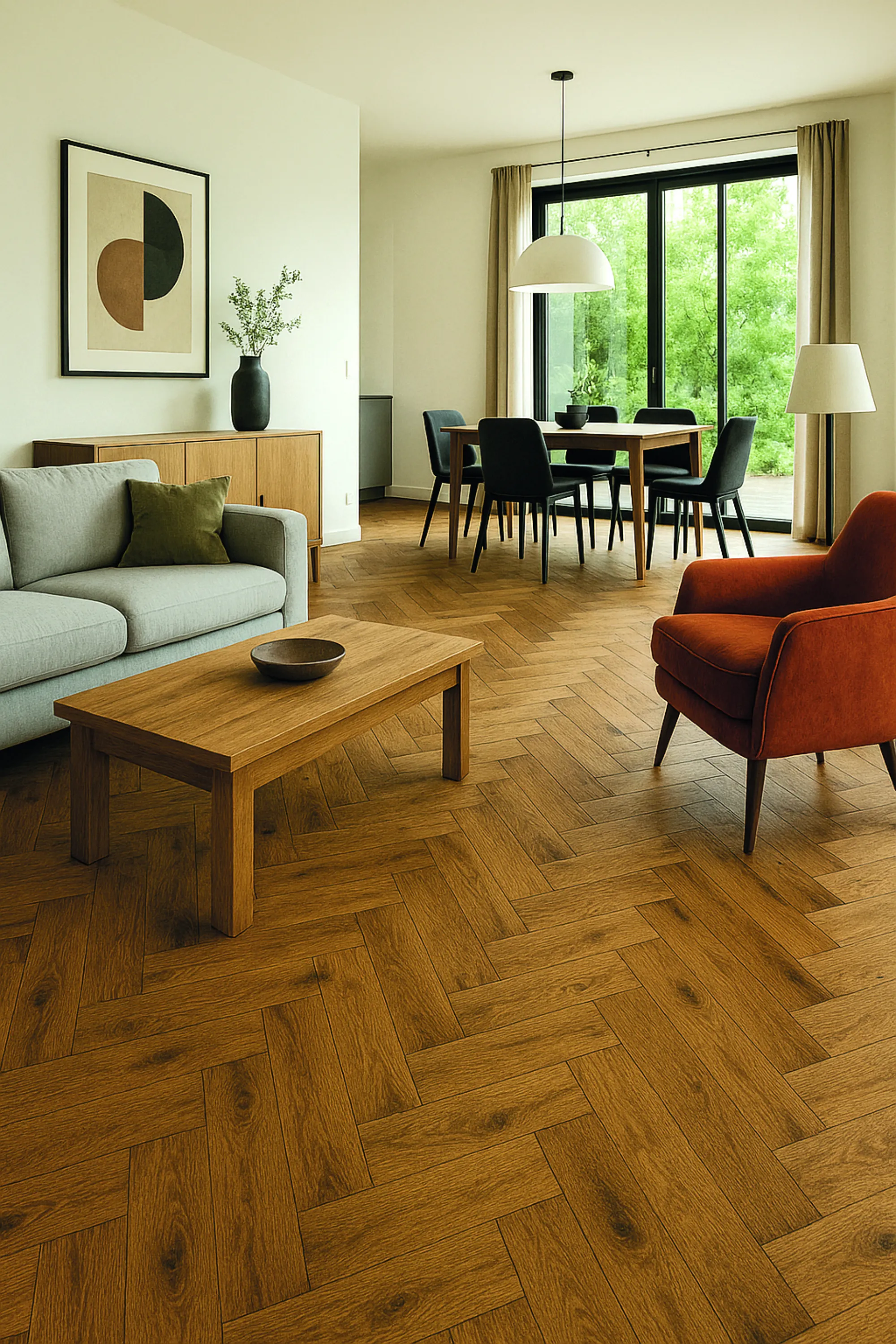 <think> Got it, let's create the alt text. First, look at what's visible. The main elements are the herringbone parquet floo…