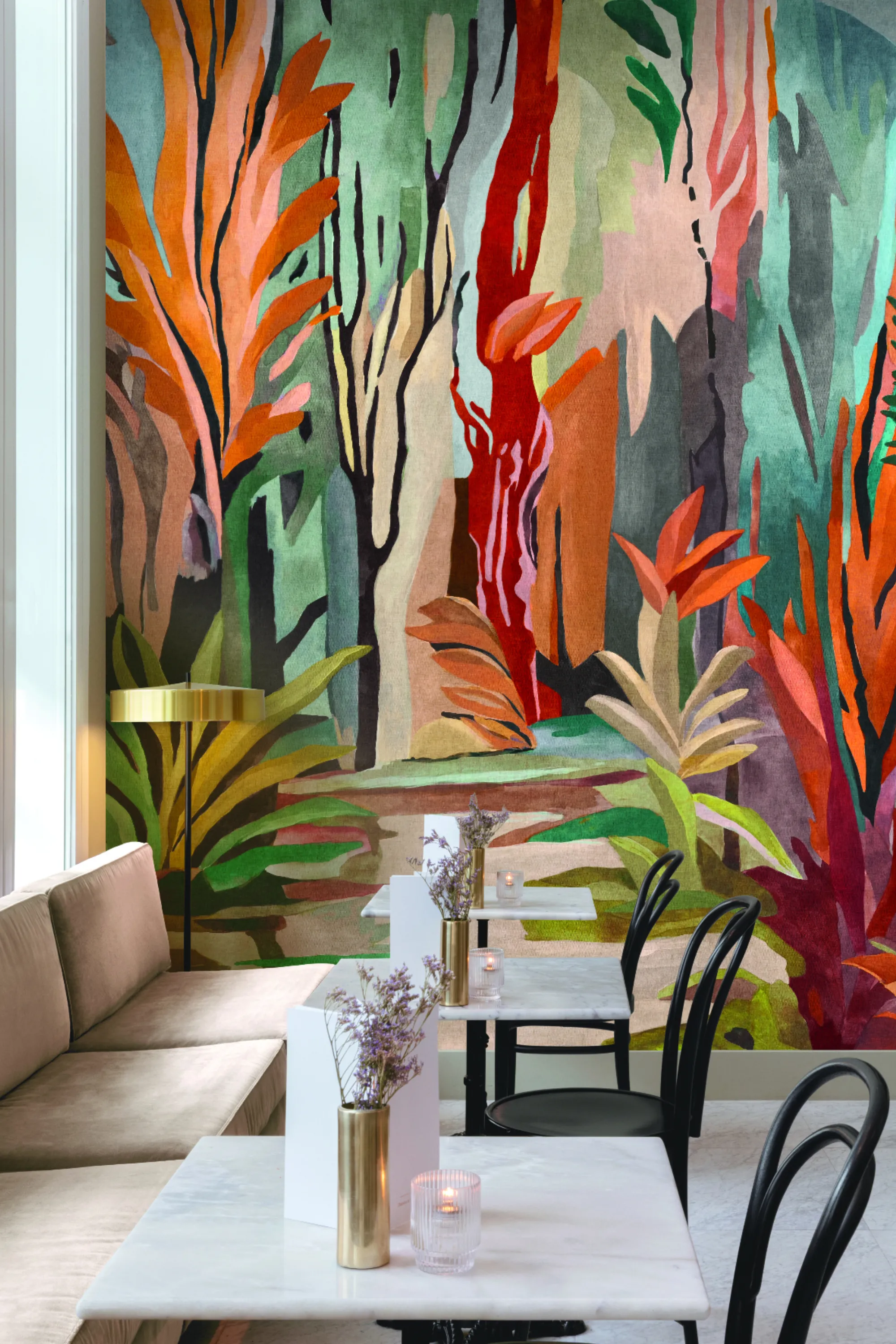 <think> Got it, let's create the alt text. First, look at what's visible. The image shows a room with a colorful mural (like…