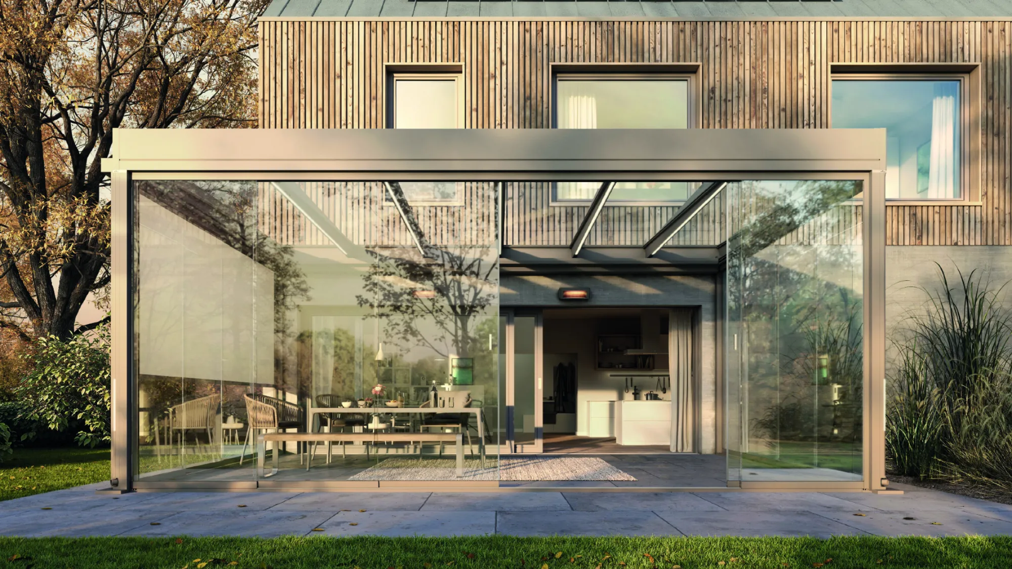 <think> Got it, let's create the alt text. First, look at what's visible. The image shows a modern house with wooden siding…