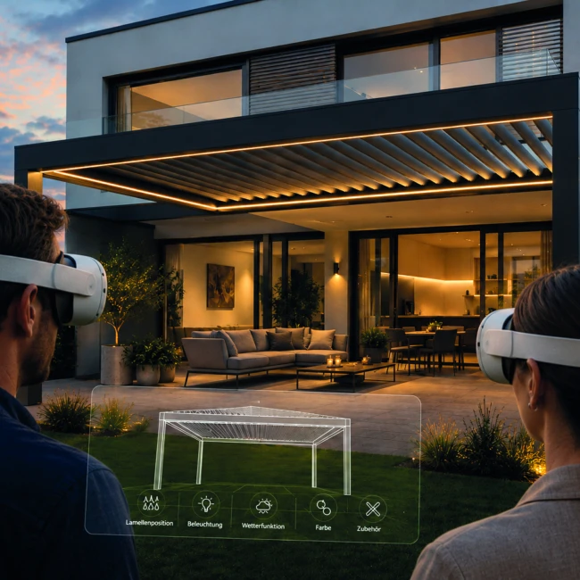 <think> Got it, let's create the alt text. First, identify what's visible. Two people wearing VR headsets looking at a moder…