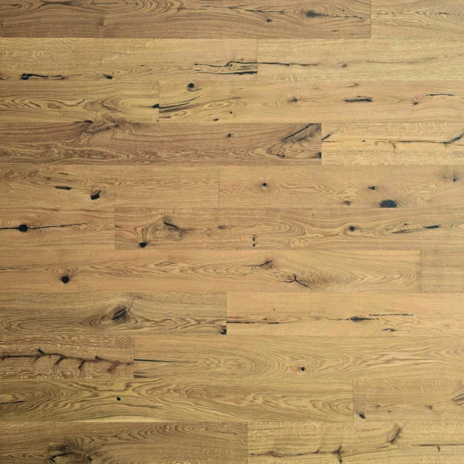 <think> Got it, let's figure out the alt text. The image is a close-up of wooden planks, specifically oak (Eiche) in a count…
