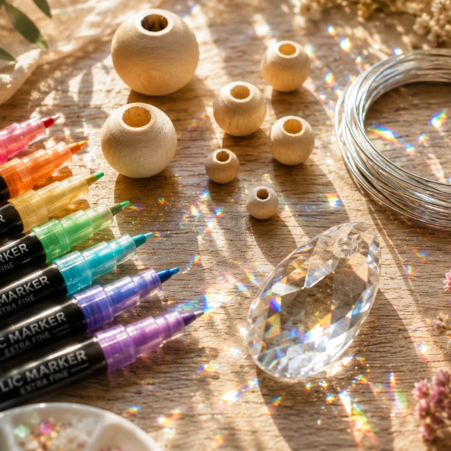 <think> Got it, let's create the alt text. First, list all visible elements: acrylic markers (colors), wooden beads, wire co…